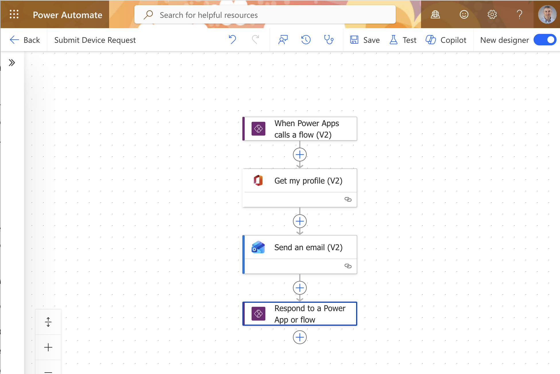 The completed flow showed all four steps connected: Power Apps trigger, Get my profile, Send an email, and Respond to Power App