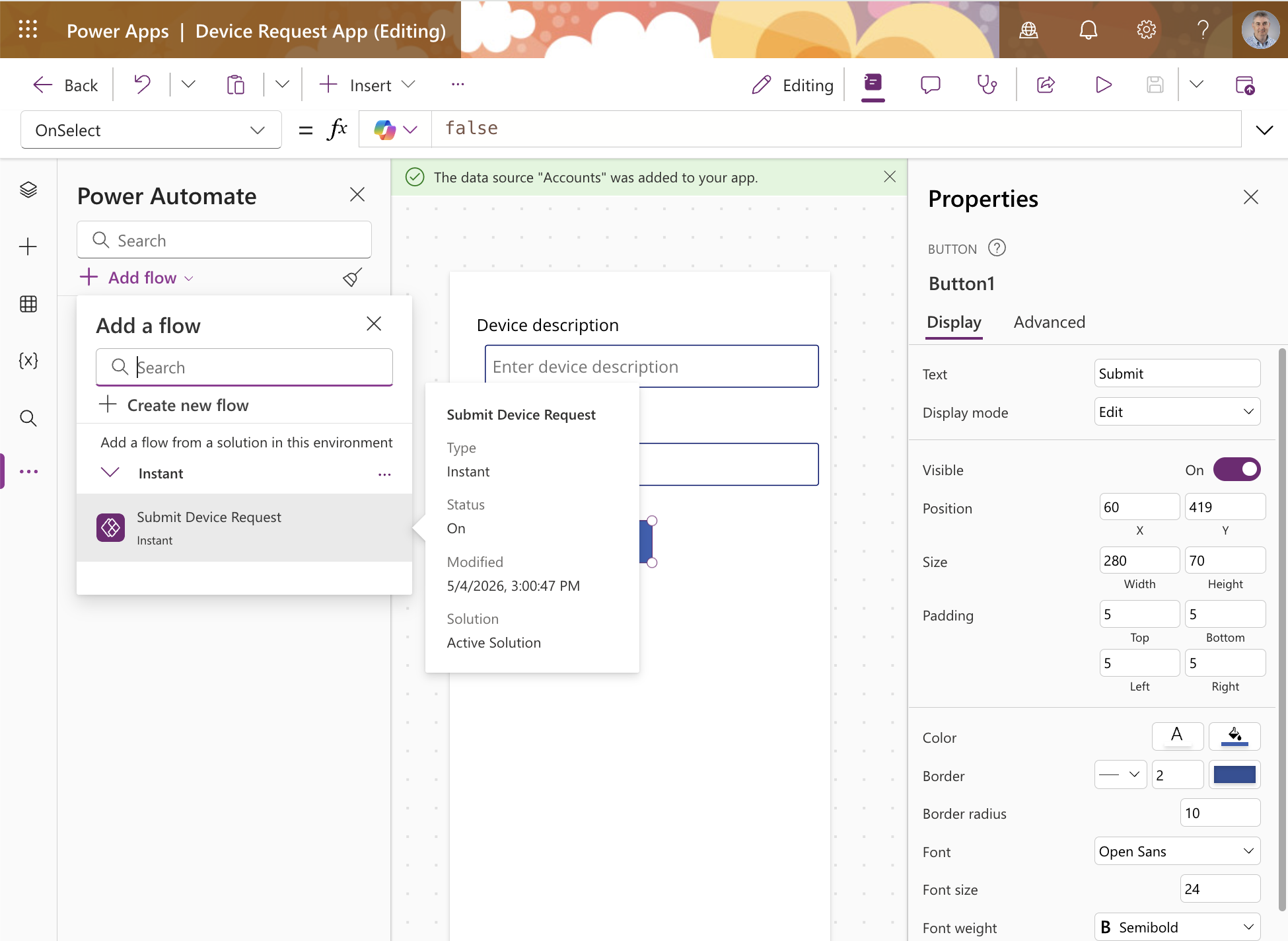I selected the Submit button in Power Apps and entered the OnSelect formula to call the Submit Device Request flow, show a success notification, and reset the input fields