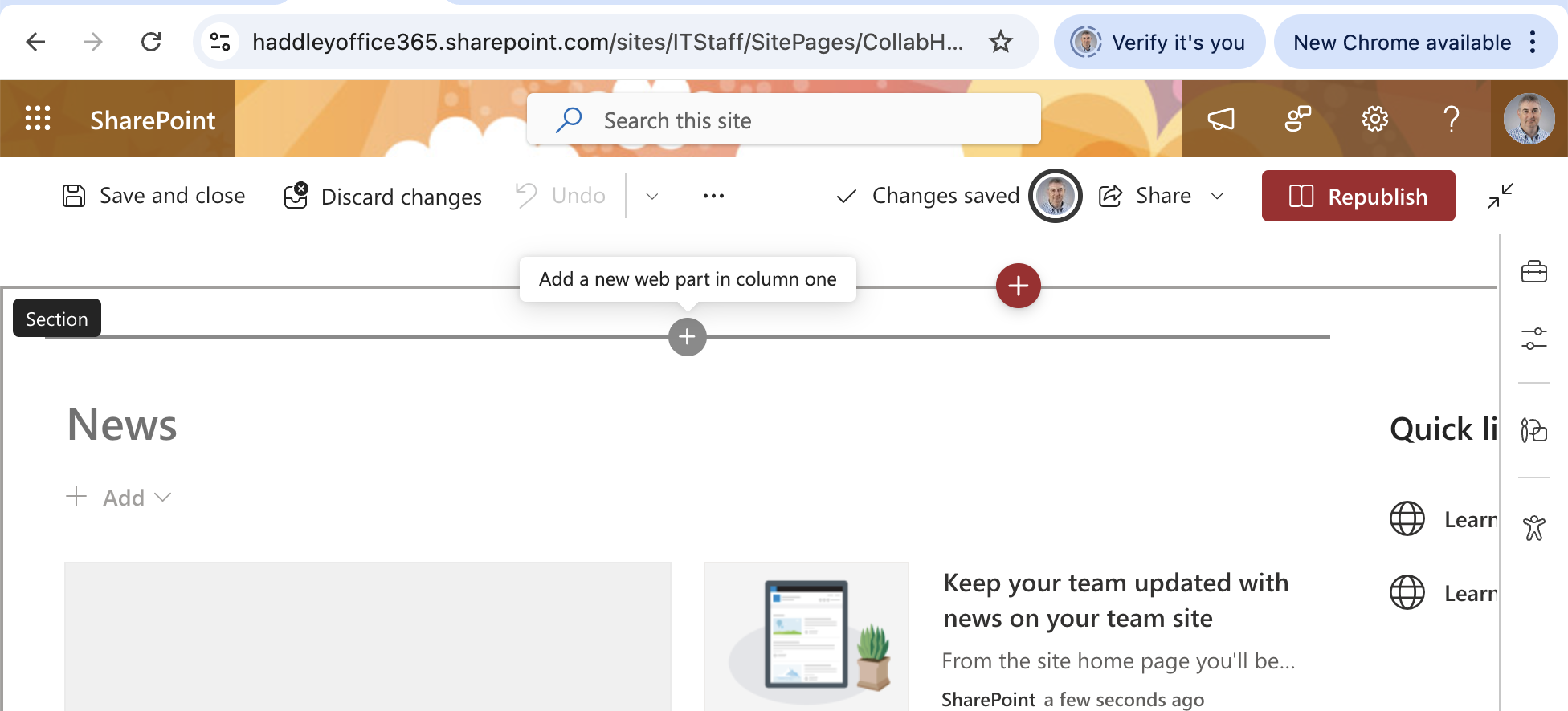 I opened the IT Staff SharePoint home page in edit mode and clicked the + button to add a new web part