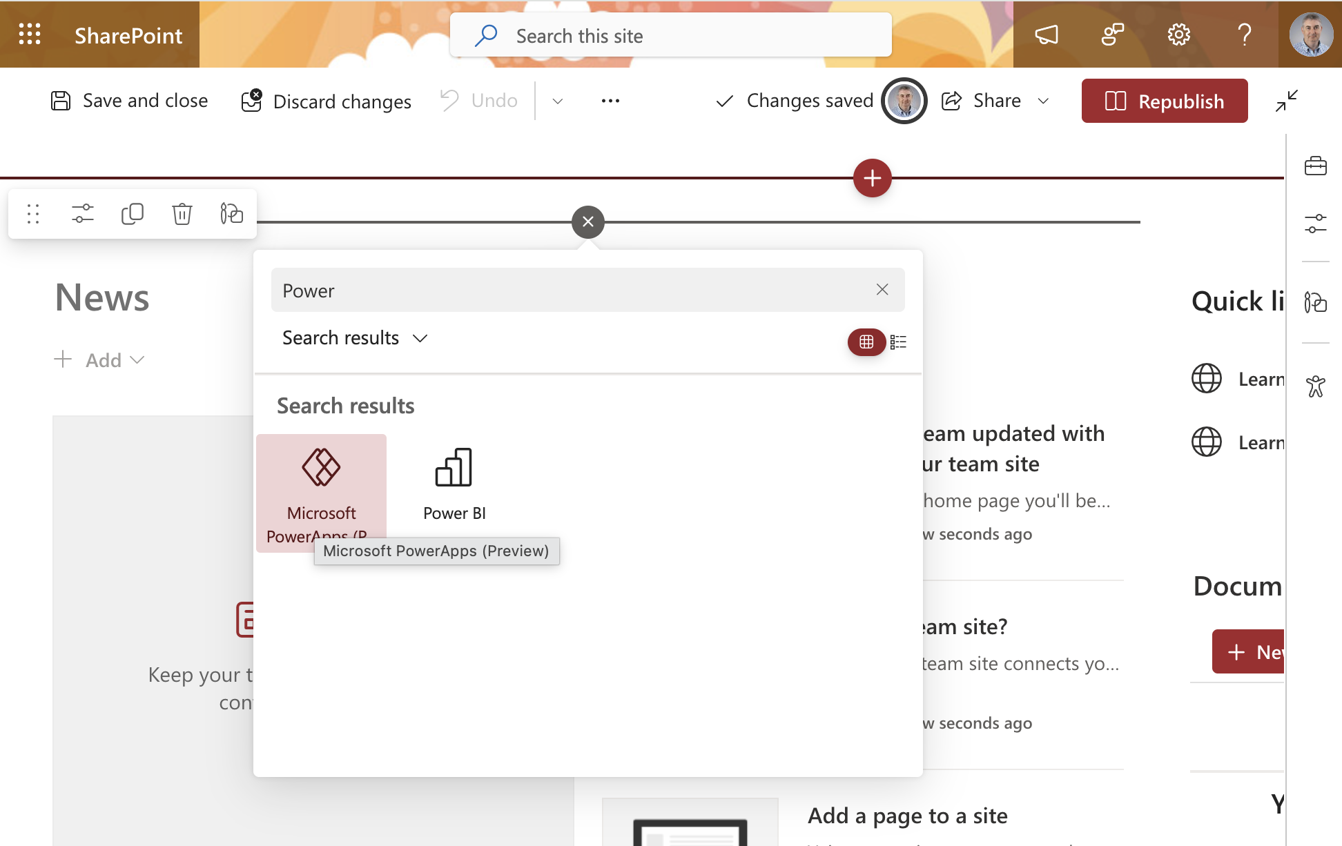 I searched for "Power" in the web part picker and selected Microsoft PowerApps (Preview)