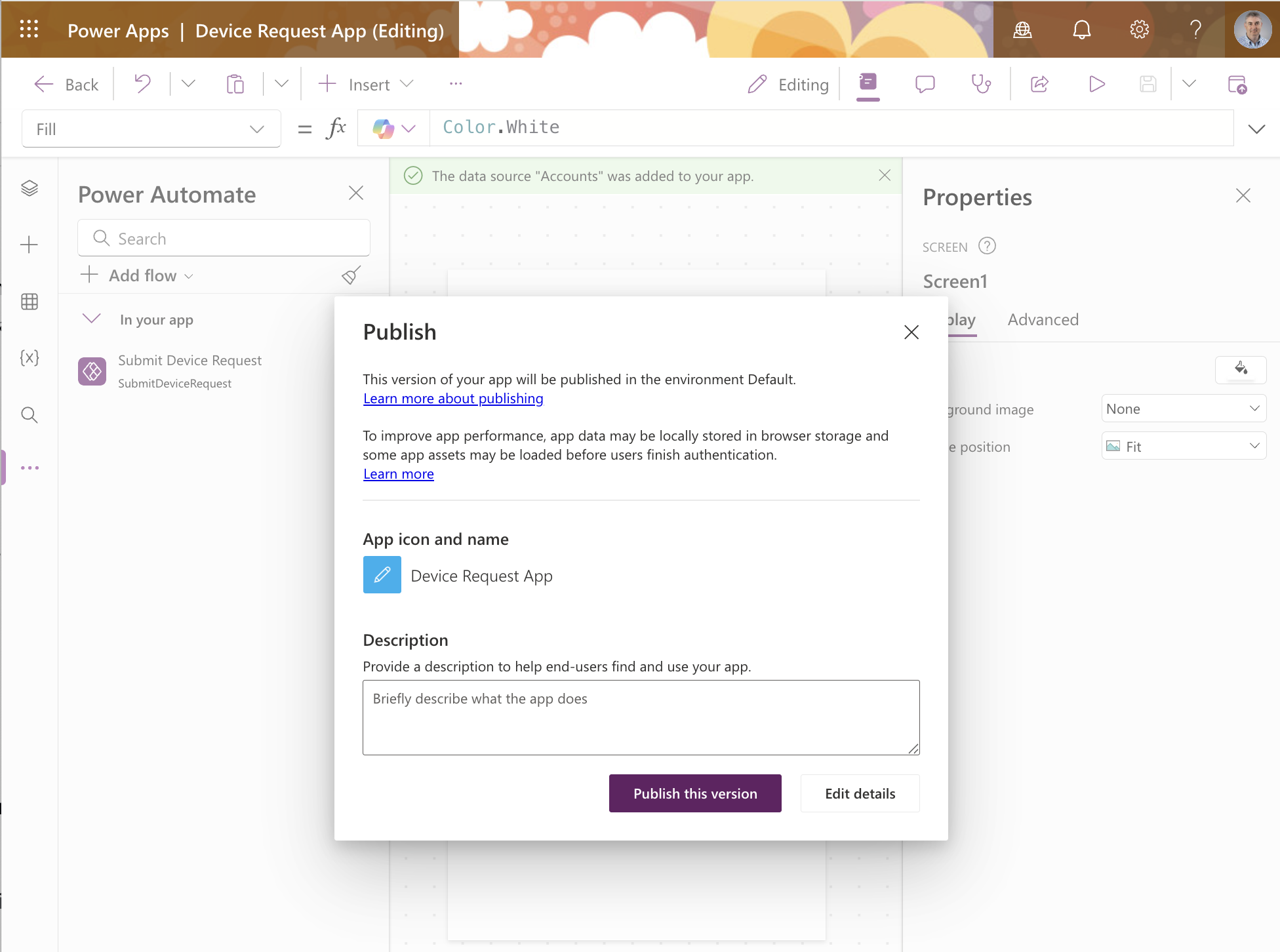 I published the Device Request App from Power Apps Studio so it could be embedded in SharePoint