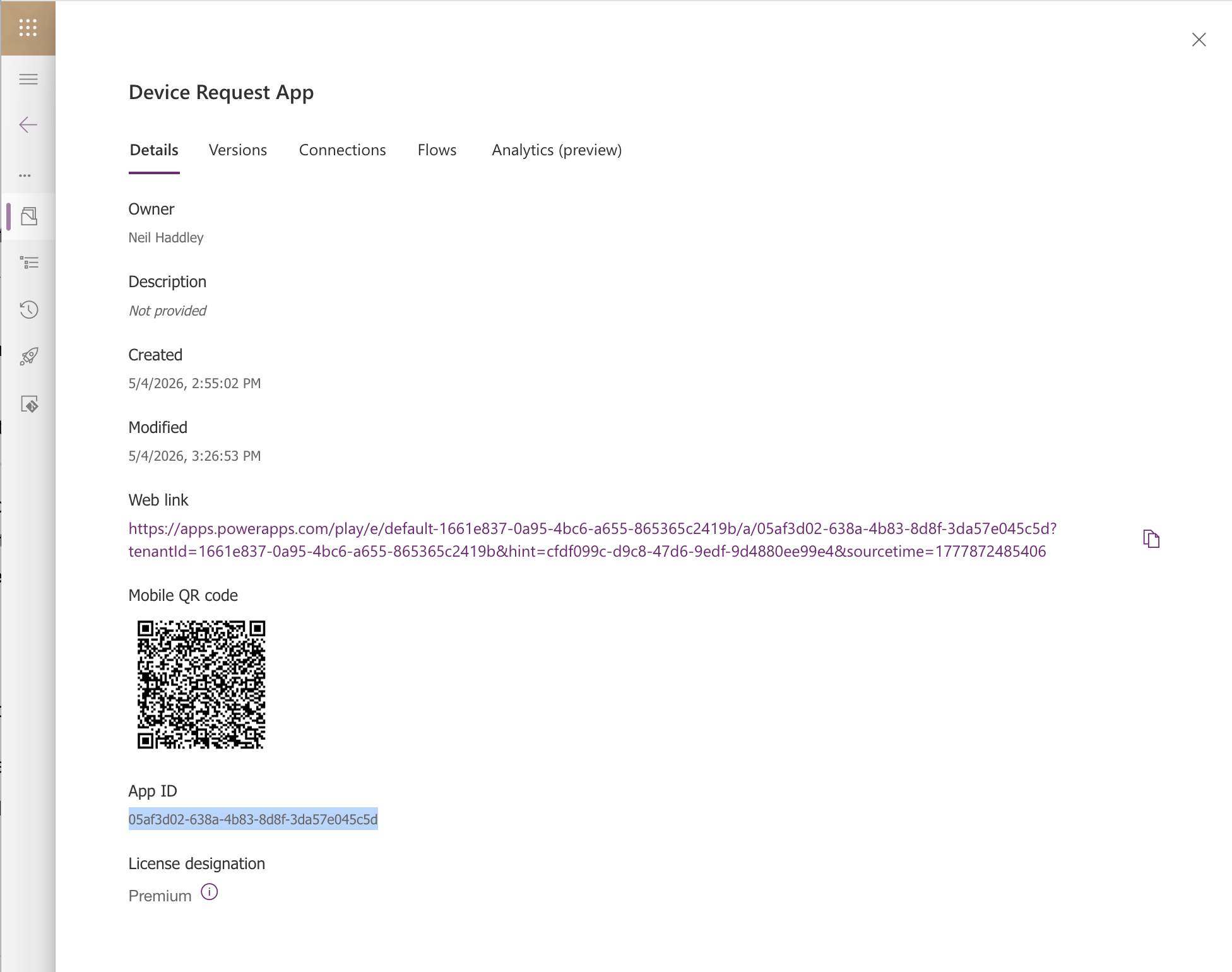 The app details page showed the web link and a mobile QR code for the Device Request App