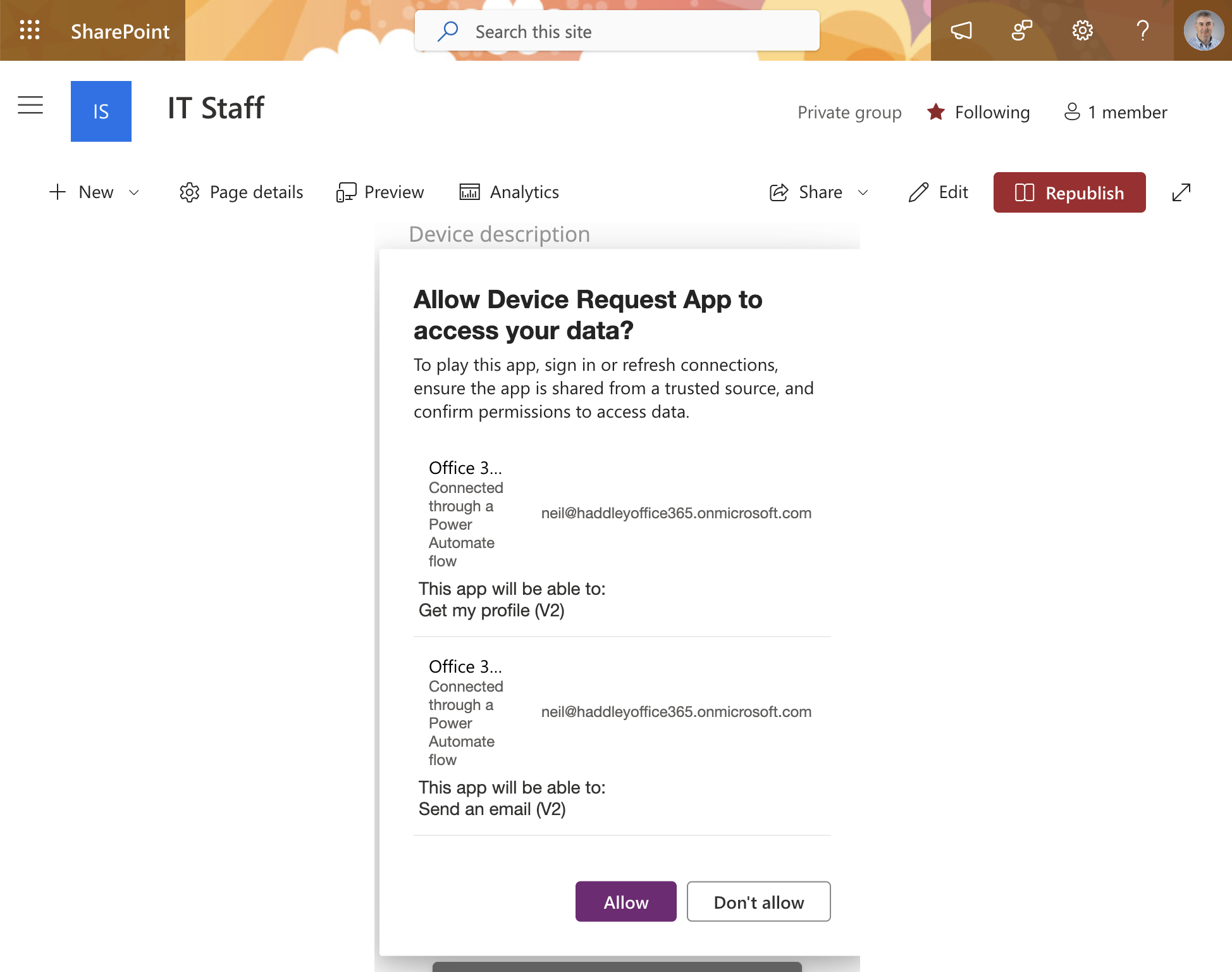 A permissions dialog appeared asking me to allow the Device Request App to access Office 365 data — I clicked Allow