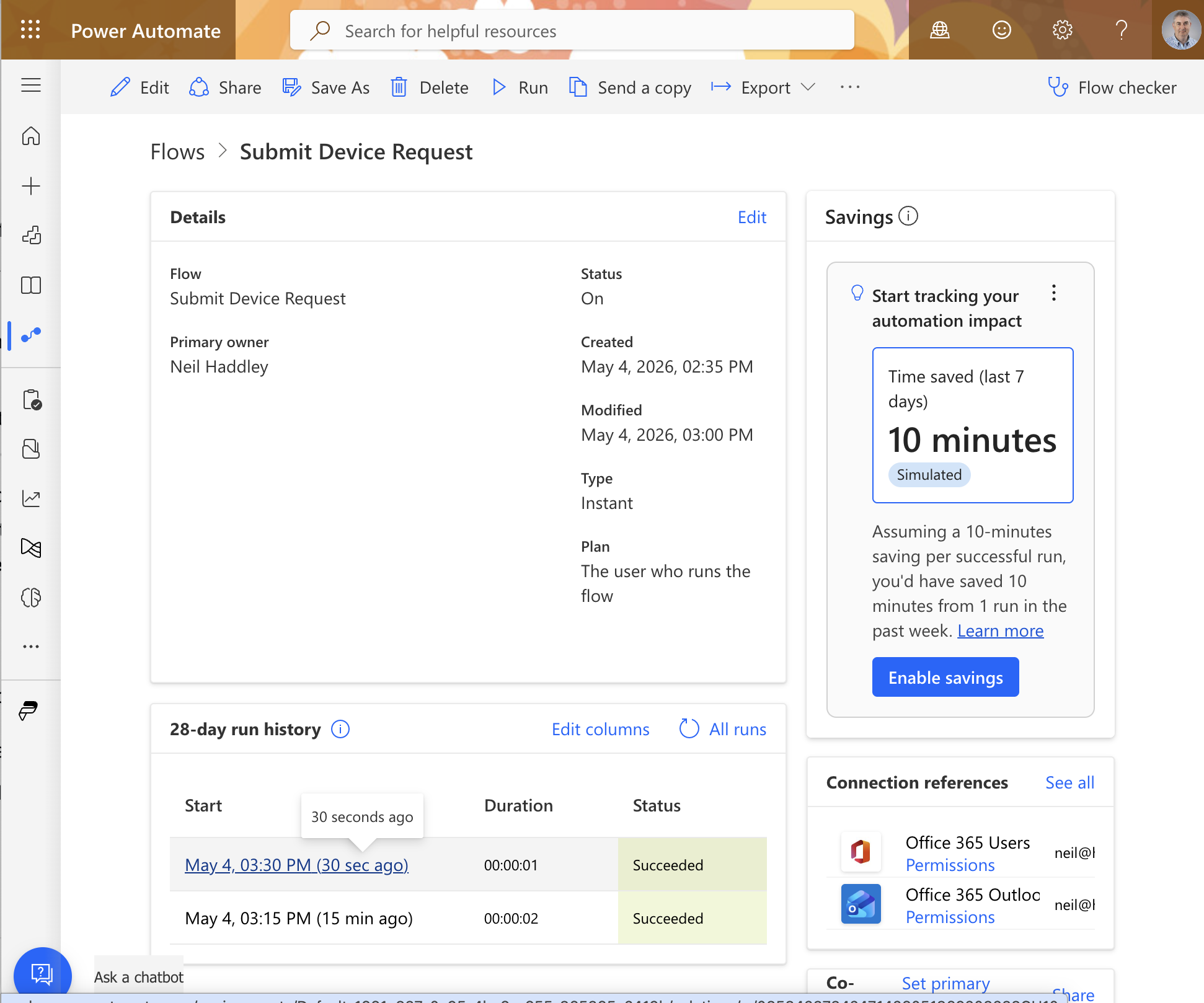 The Power Automate flow run history showed two successful runs of the Submit Device Request flow