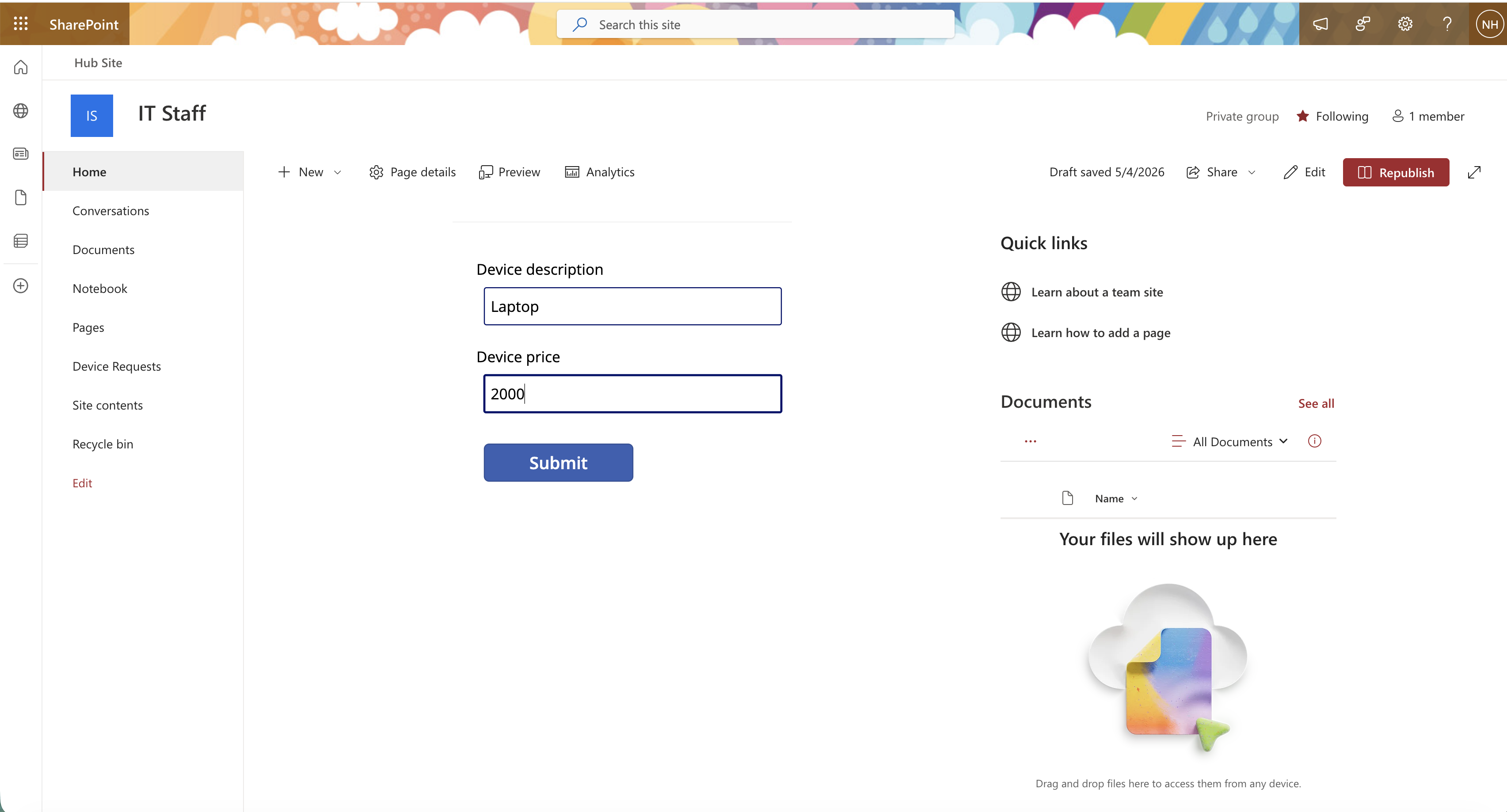 I entered "Laptop" and 2000 to test another submission from the SharePoint home page