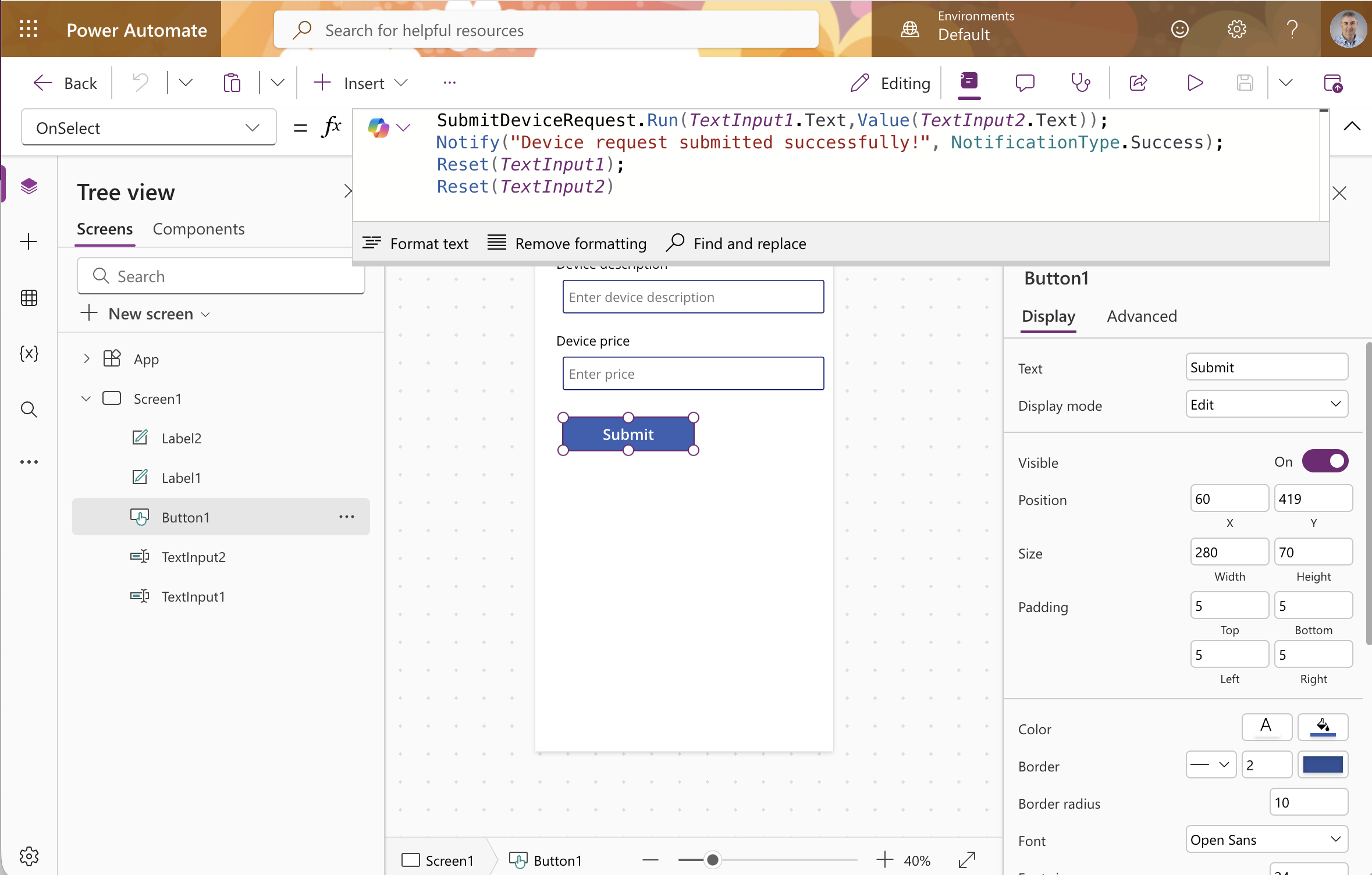 The Submit button's OnSelect formula called the flow with the Title and Price inputs, displayed the success notification, and reset both text fields