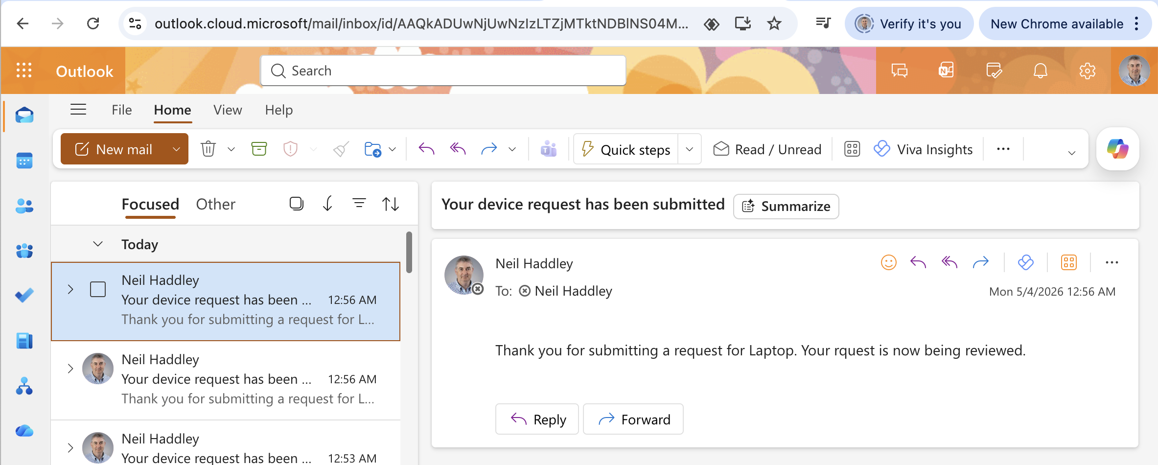 I checked Outlook and confirmed the second confirmation email had arrived — the flow sent the notification for both test submissions