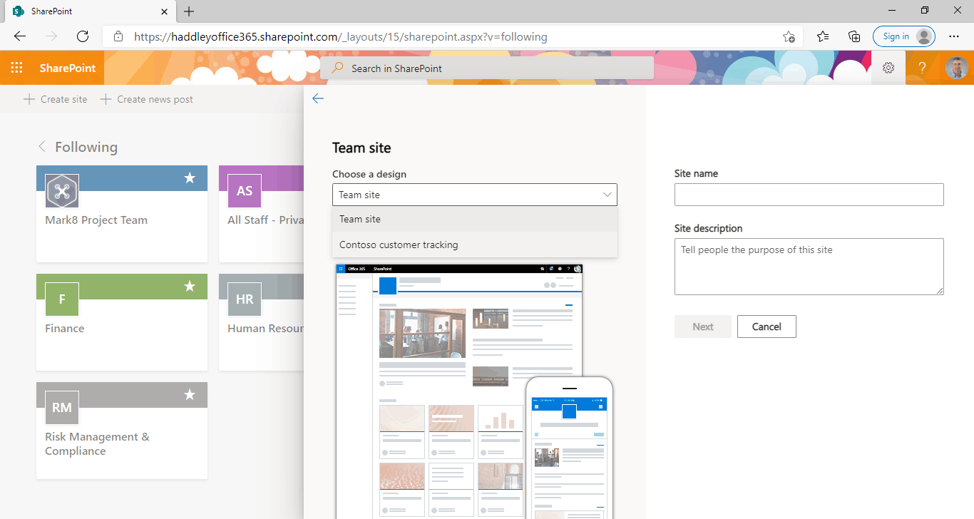 The "Contoso customer tracking" Site Design is available in the "Choose a design" drop down list.