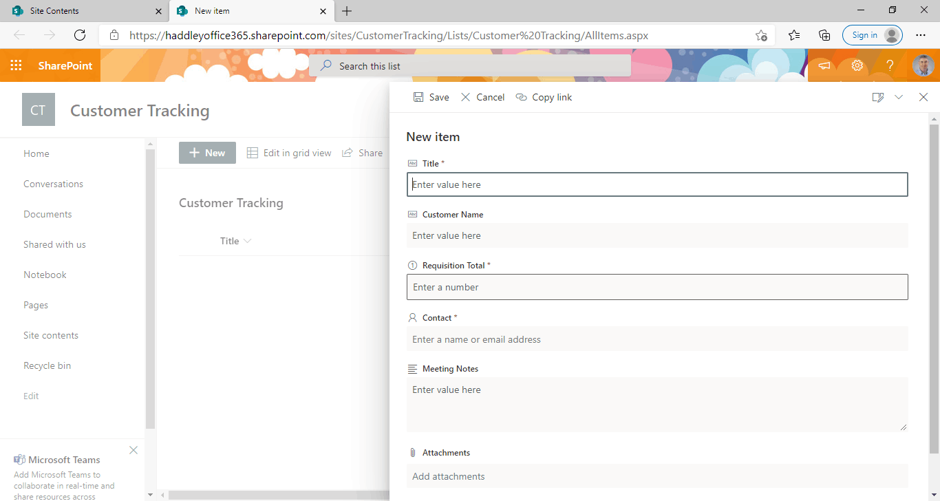 The newly created site includes the "Customer Tracking" list
