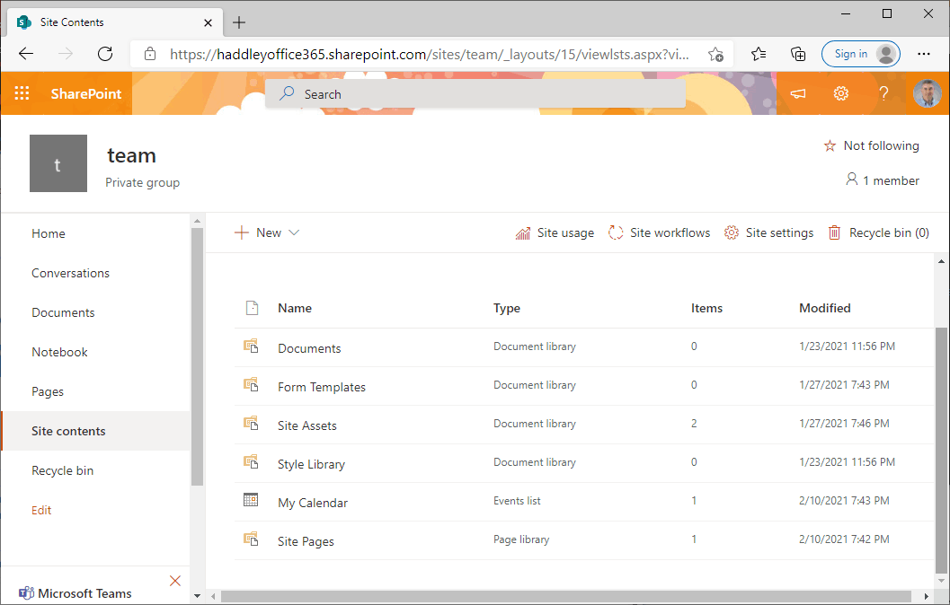 Site contents before invoking site design
