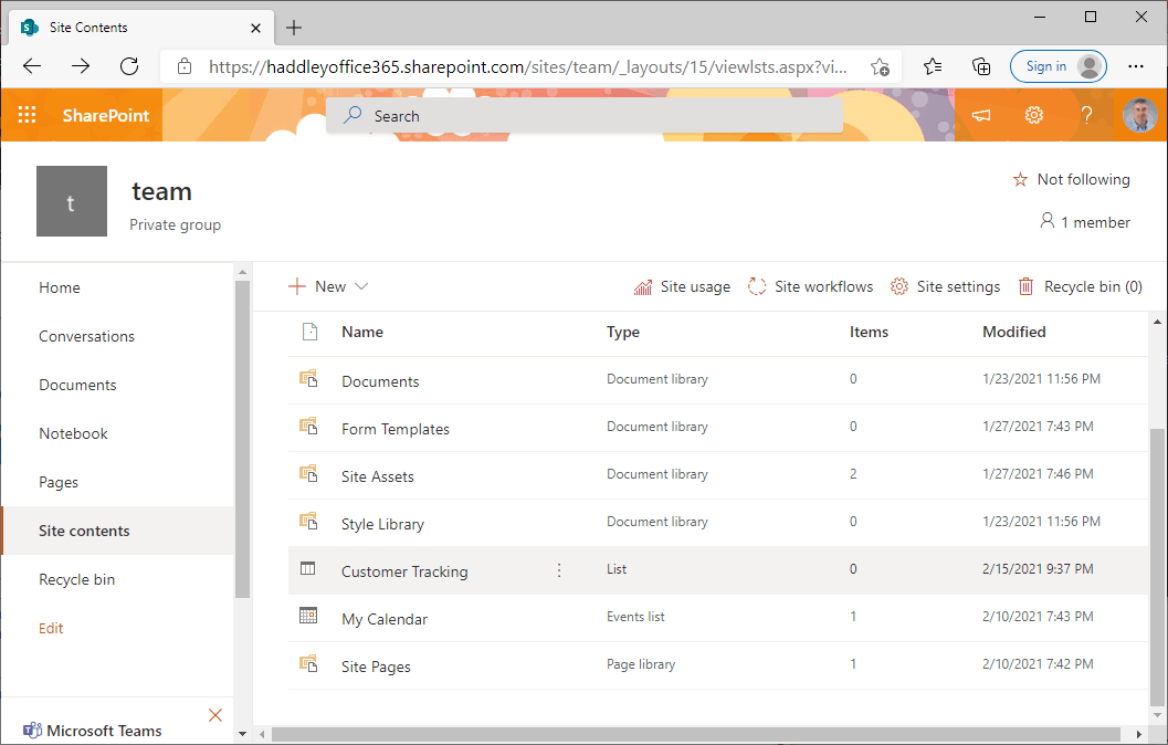 Site contents after invoking site design