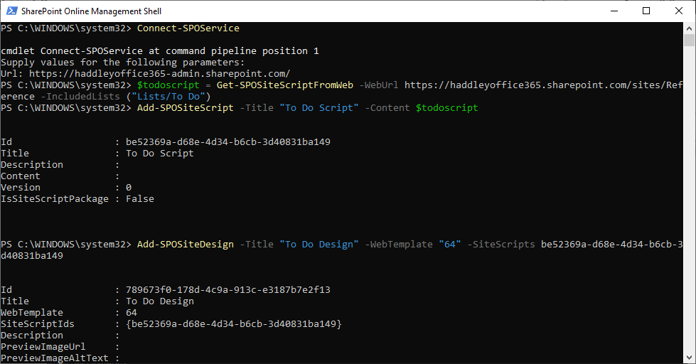 Running the Get-SPOSiteScriptFromWeb command