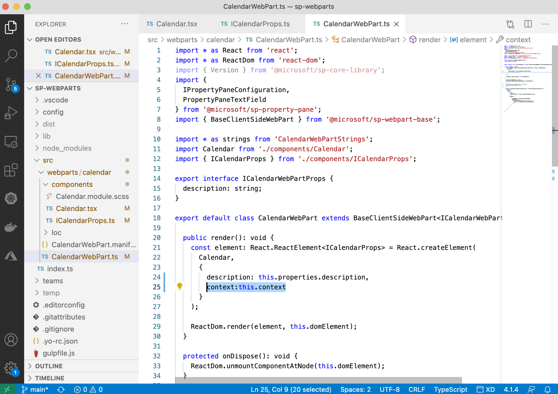 Updating CalendarWebPart to pass context to Calendar React Component