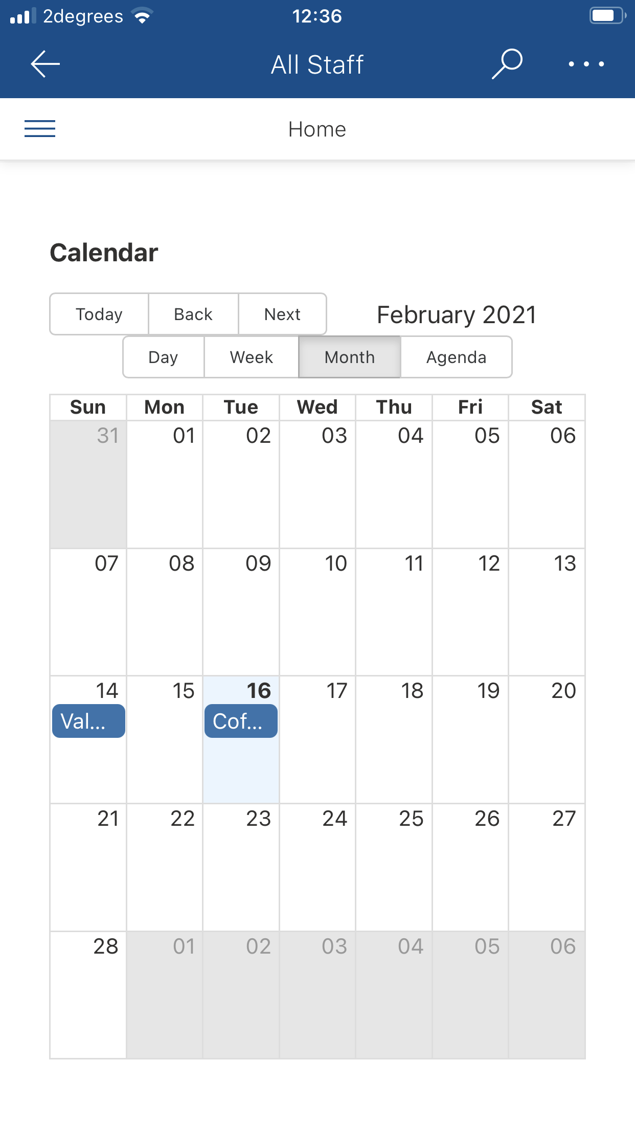 The Calendar Web Part running in the iOS SharePoint app (in Month mode)