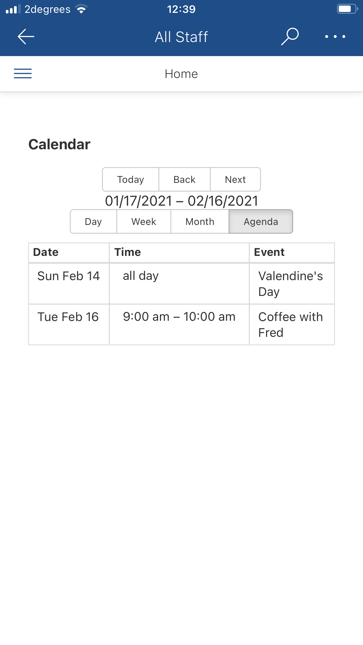 The Calendar Web Part running in the iOS SharePoint app (in Agenda mode)