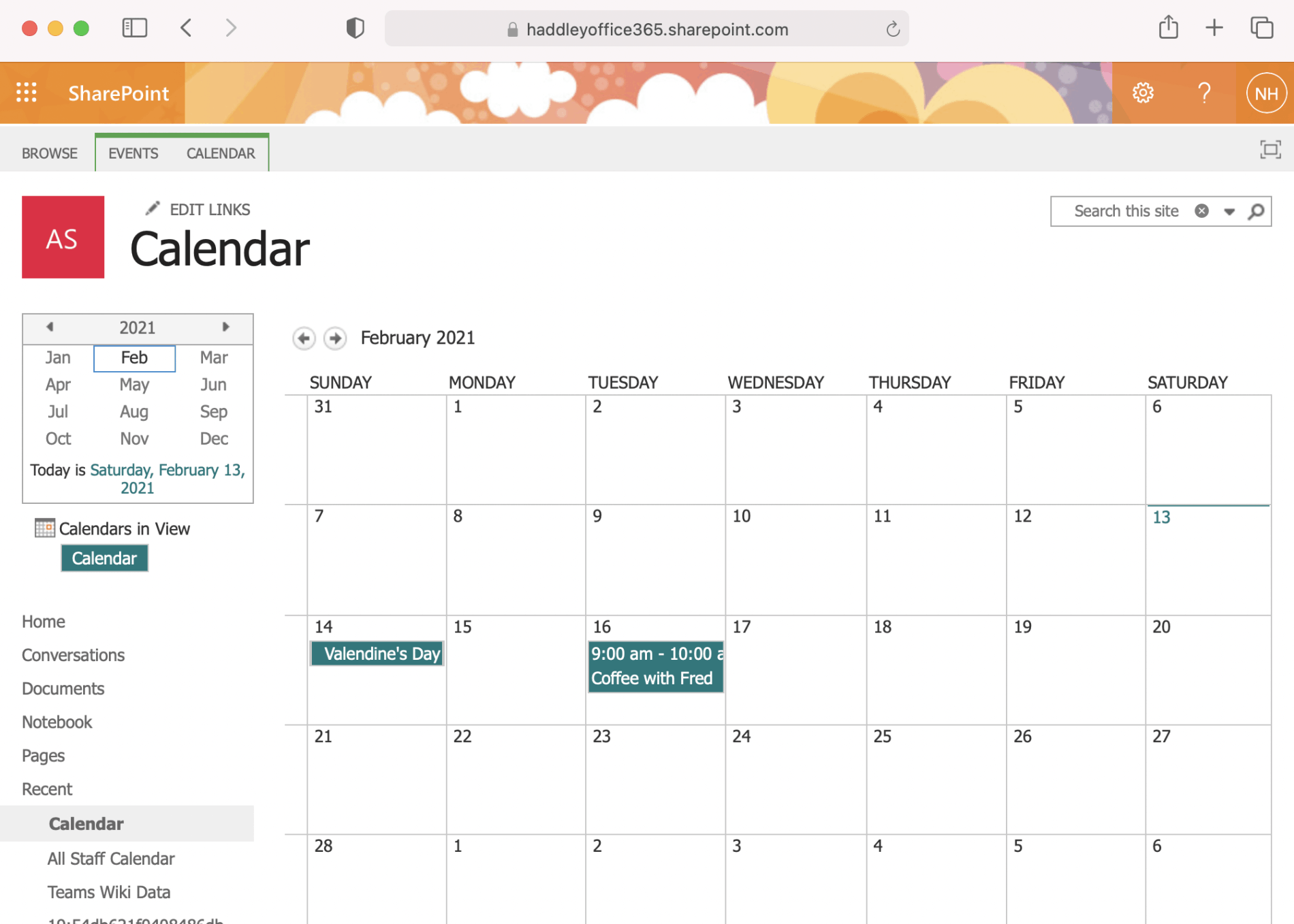 Example Team Site Calendar with sample events