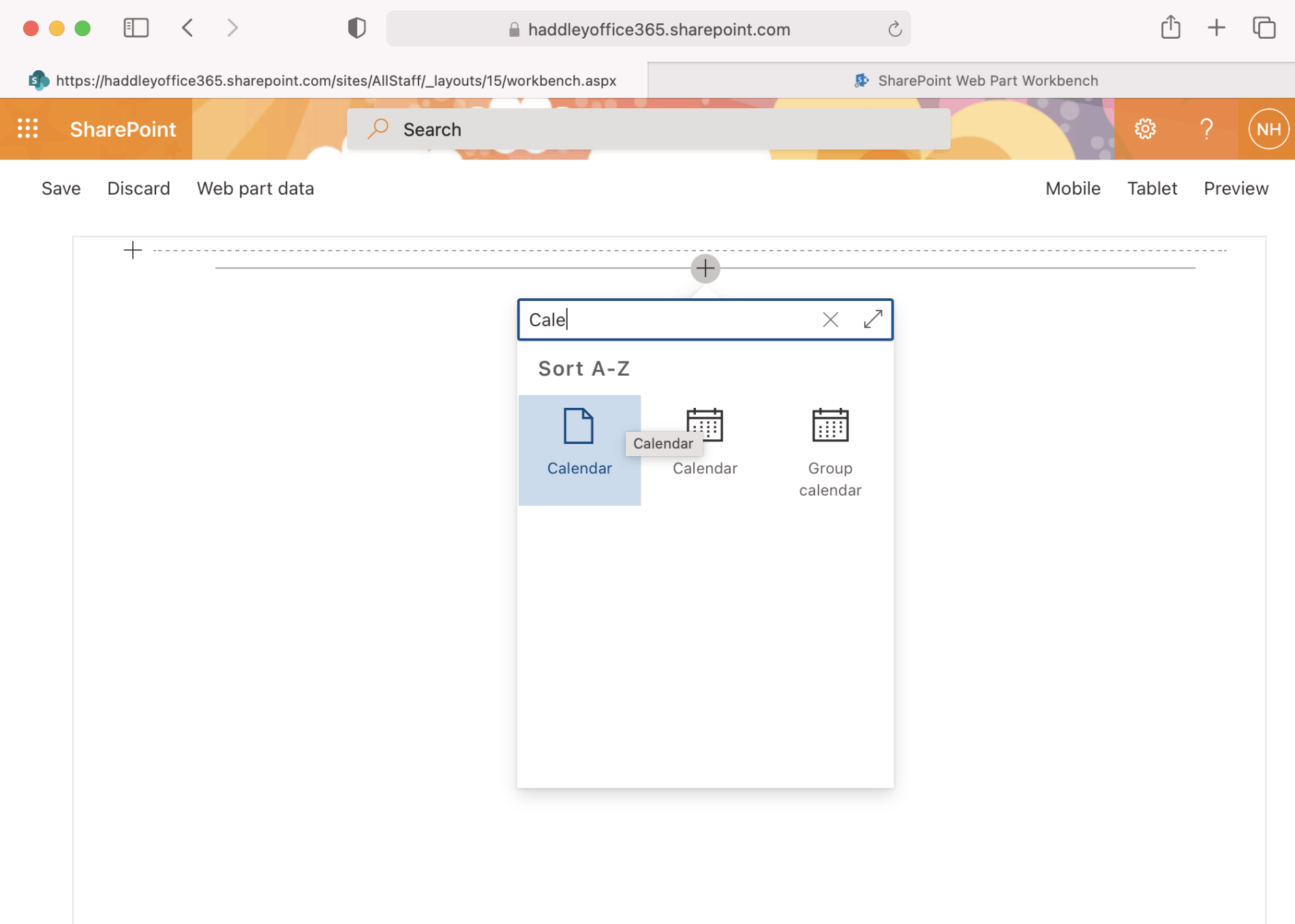 Calendar Web Part icon in /layouts/15/workbench.aspx page