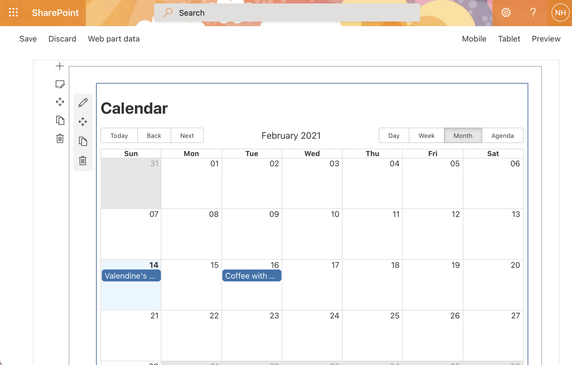 Calendar Web Part running in /layouts/15/workbench.aspx page displaying sample events