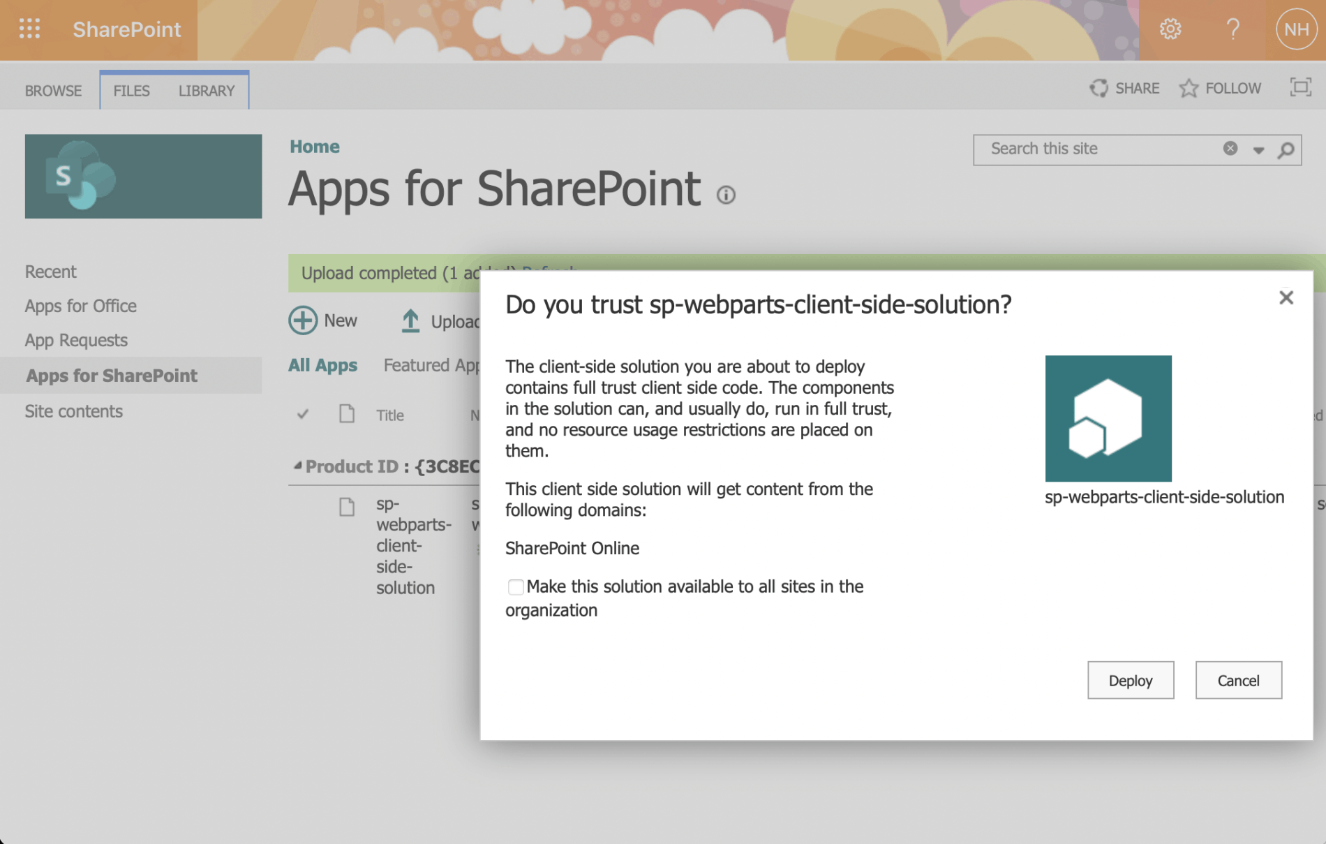 Copying the .sppkg package to the SharePoint app catalog