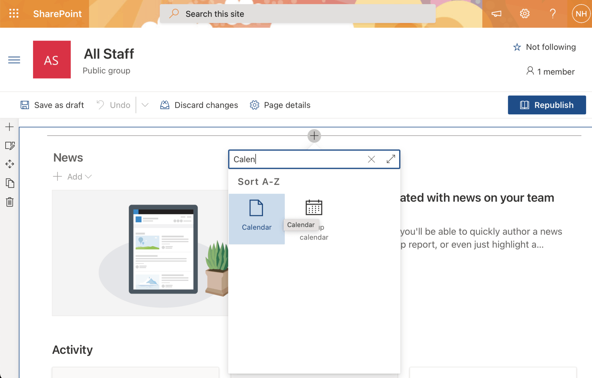 Adding the Calendar Web Part to a Sharepoint page
