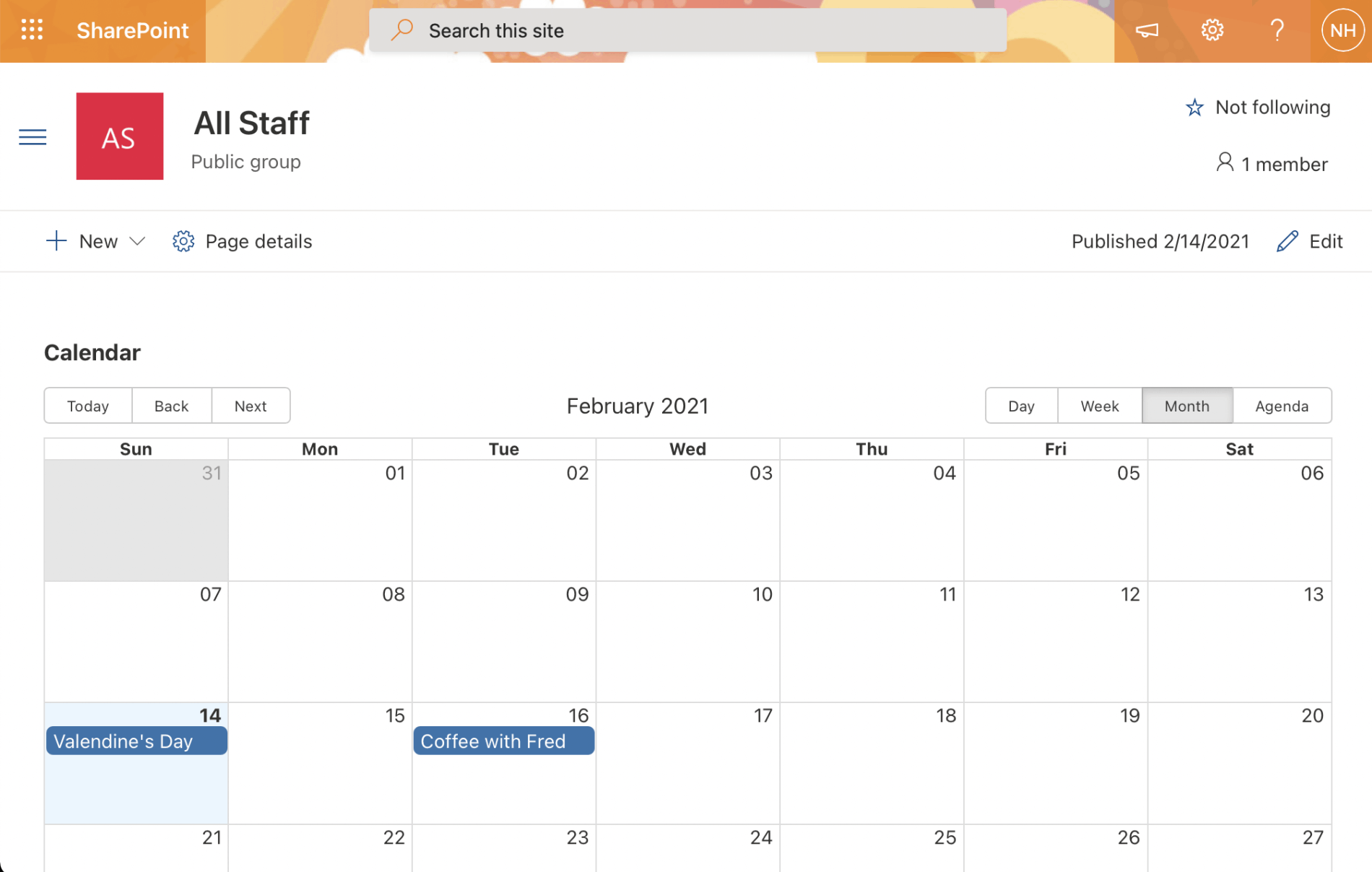 The Calendar Web Part running in the SharePoint page (in Month mode)