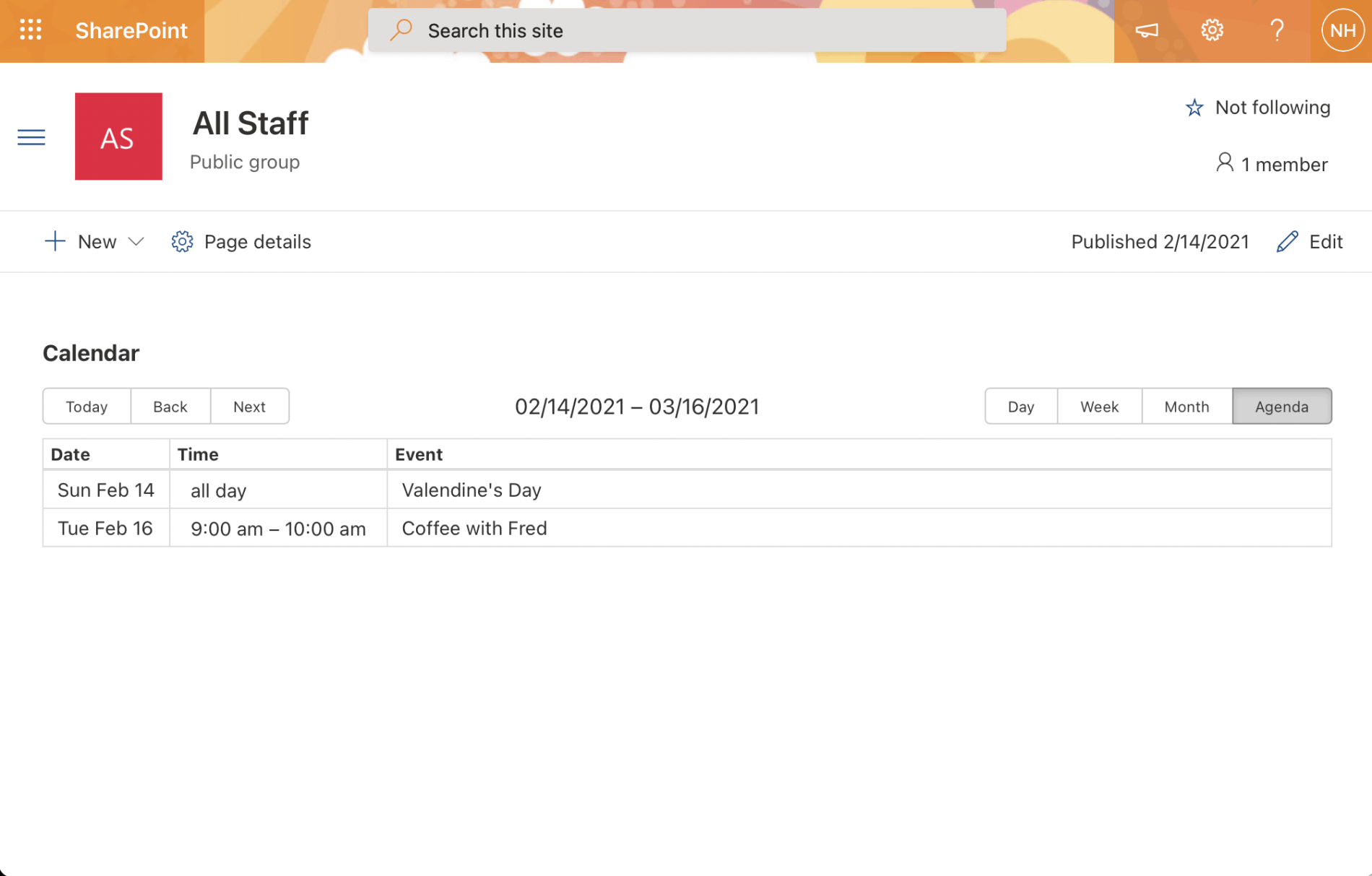 The Calendar Web Part running in the SharePoint page (in Agenda mode)