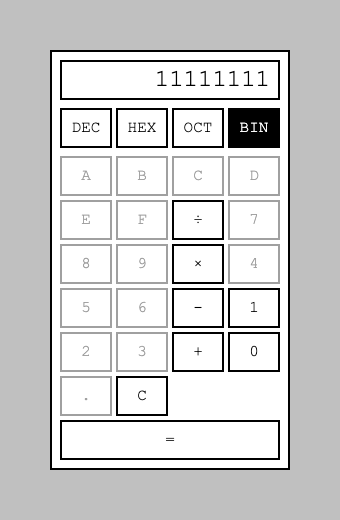 255 as 11111111 in Binary, with digits 2–9 and A–F all disabled — the per-base digit restriction working as designed, not just as specified