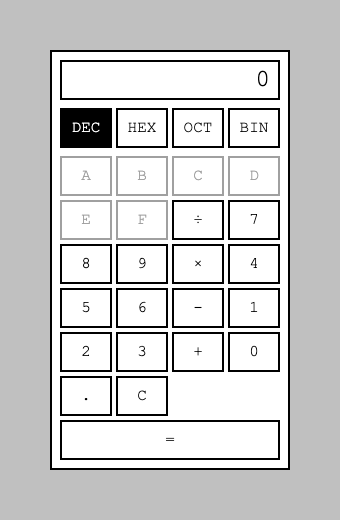 Programmer Mode's default state — Decimal active, the new mode row above the keypad, hex-only keys A–F already greyed out