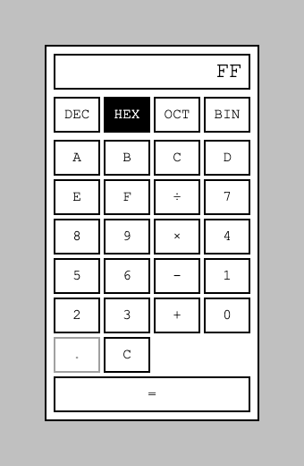 255 becomes FF on switching to Hexadecimal — exactly the scenario `spec.md` specified, and the decimal point key is now disabled