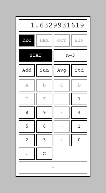 After Add ×3 (n=3) and pressing Std: 1.6329931619 — the population standard deviation of {2, 4, 6}, matching the spec's scenario to six decimal places