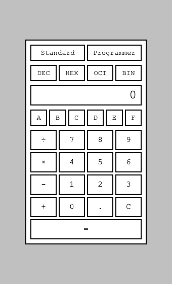 Programmer Mode's default state — Standard/Programmer and DEC/HEX/OCT/BIN as plain buttons, with no visual indication of which is active