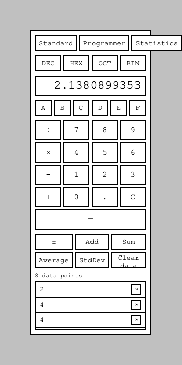 StdDev: 2.1380899353 — matching the hand-verified corrected sample standard deviation exactly