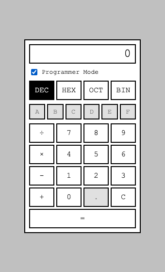 Programmer Mode toggled on via a checkbox (a UI pattern neither OpenSpec nor Spec-Kit used) — DEC active, A–F and the decimal point correctly greyed out