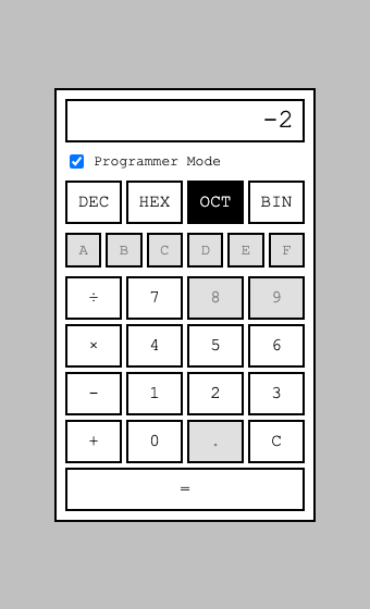 3 − 5 in Octal shows -2 — sign + magnitude, as chosen — with 8, 9, A–F, and the decimal point all correctly disabled for the active base