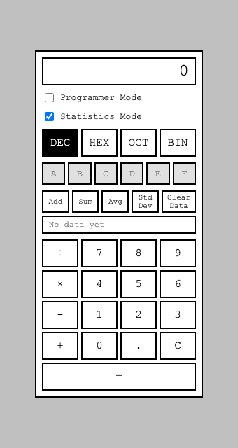 Statistics Mode's default state — Add/Sum/Avg/Std Dev/Clear Data panel, Programmer Mode's checkbox now visible alongside it, mutually exclusive