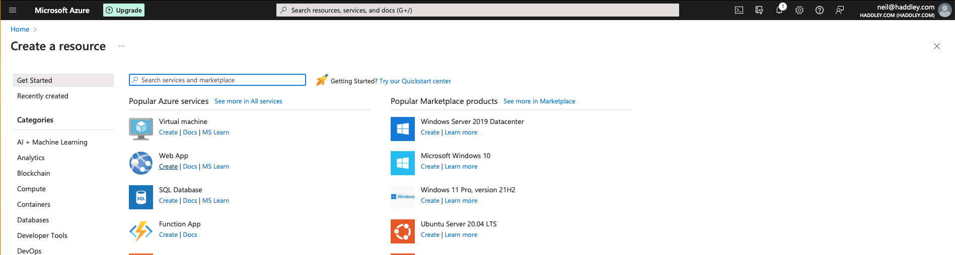 I clicked the Web App Create link