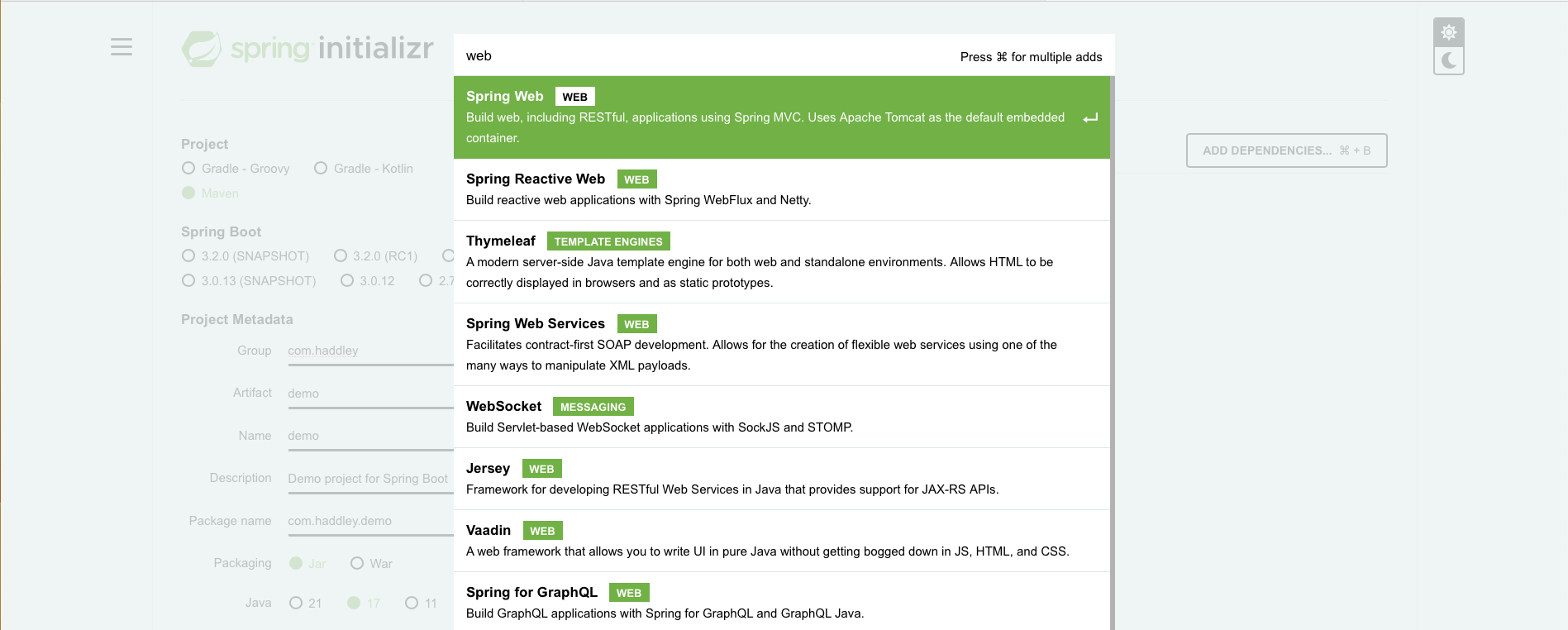 I navigated to https://start.spring.io/ and updated Group to "com.haddley" and added the Spring Web dependency
