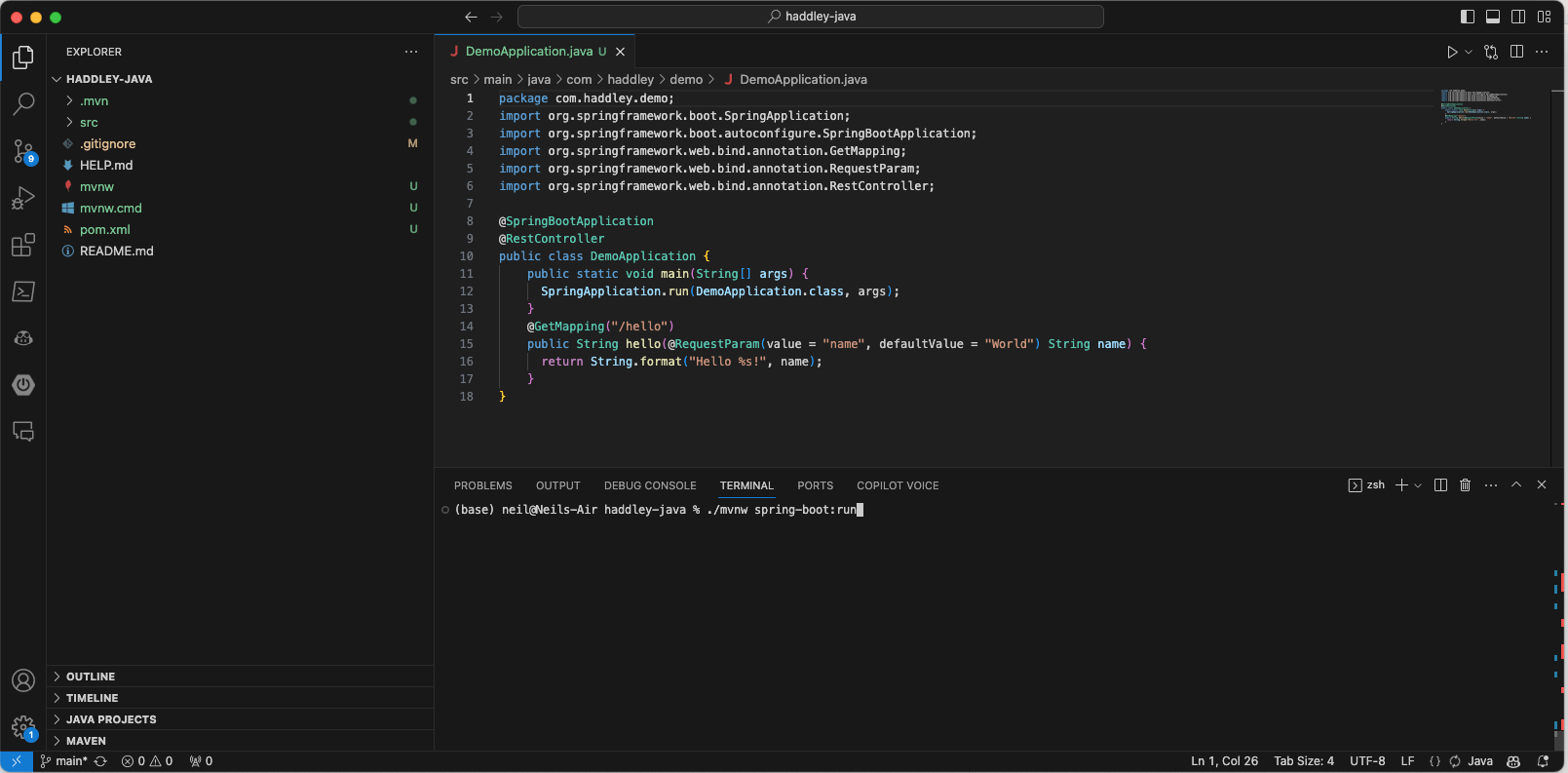 I updated the code to include support for the /hello path and ran using ./mvnw spring-boot:run
