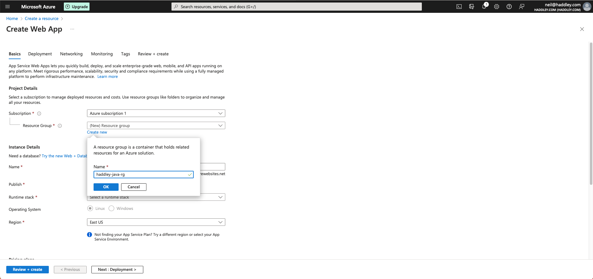 I added an Azure Resource Group (haddley-java-rg)