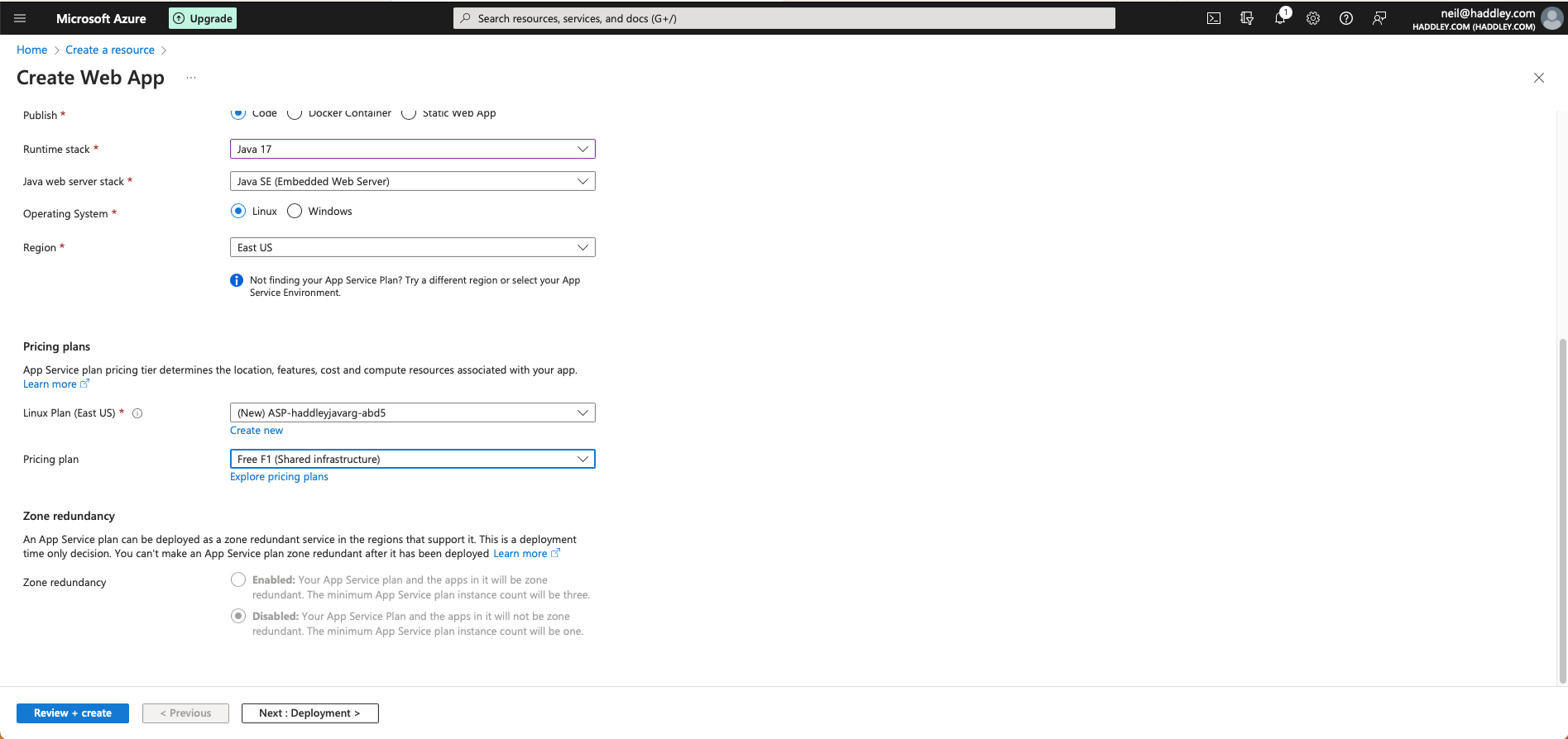 I changed the Pricing plan to "Free" and clicked the Next: Deployment button