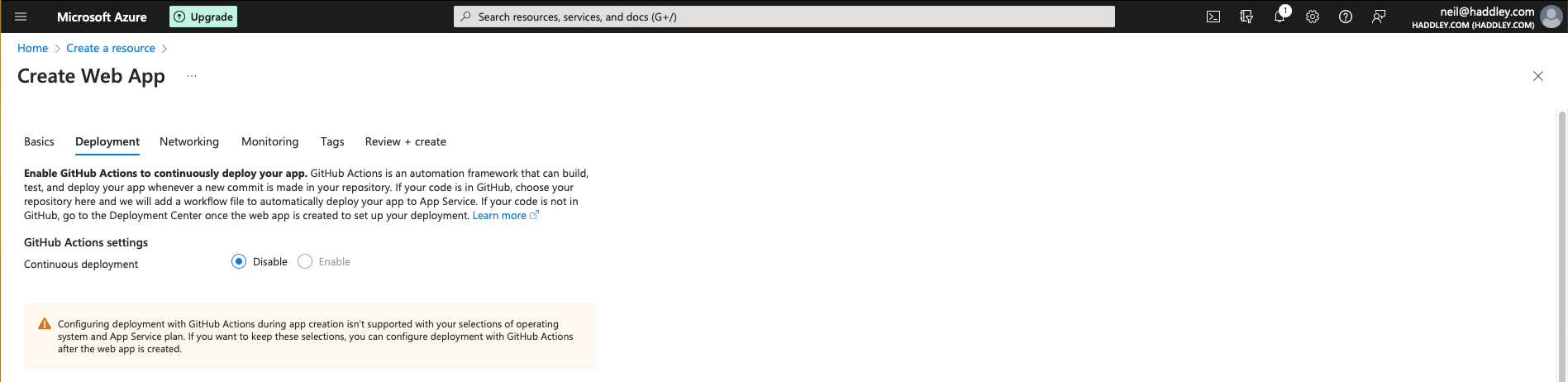 The Continuous deployment option was disabled so I clicked the Previous button
