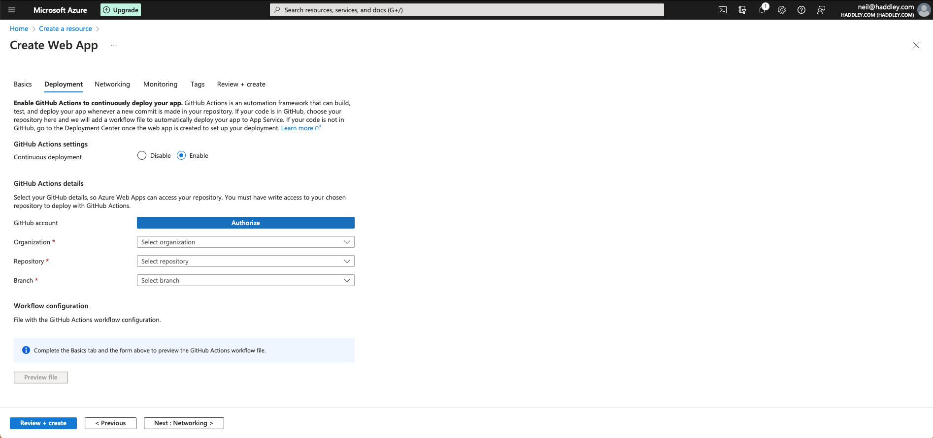 I enabled Continuous deployment and clicked the Authorize button