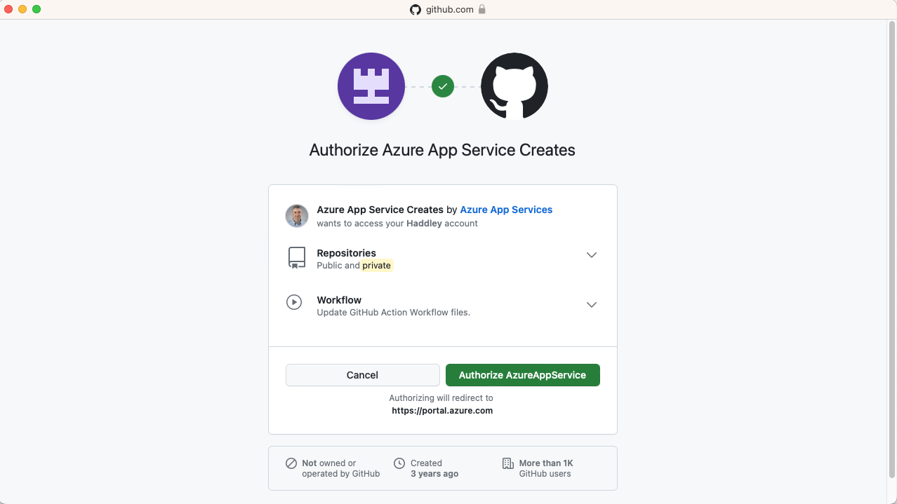 I clicked the Authorize AzureAppService button