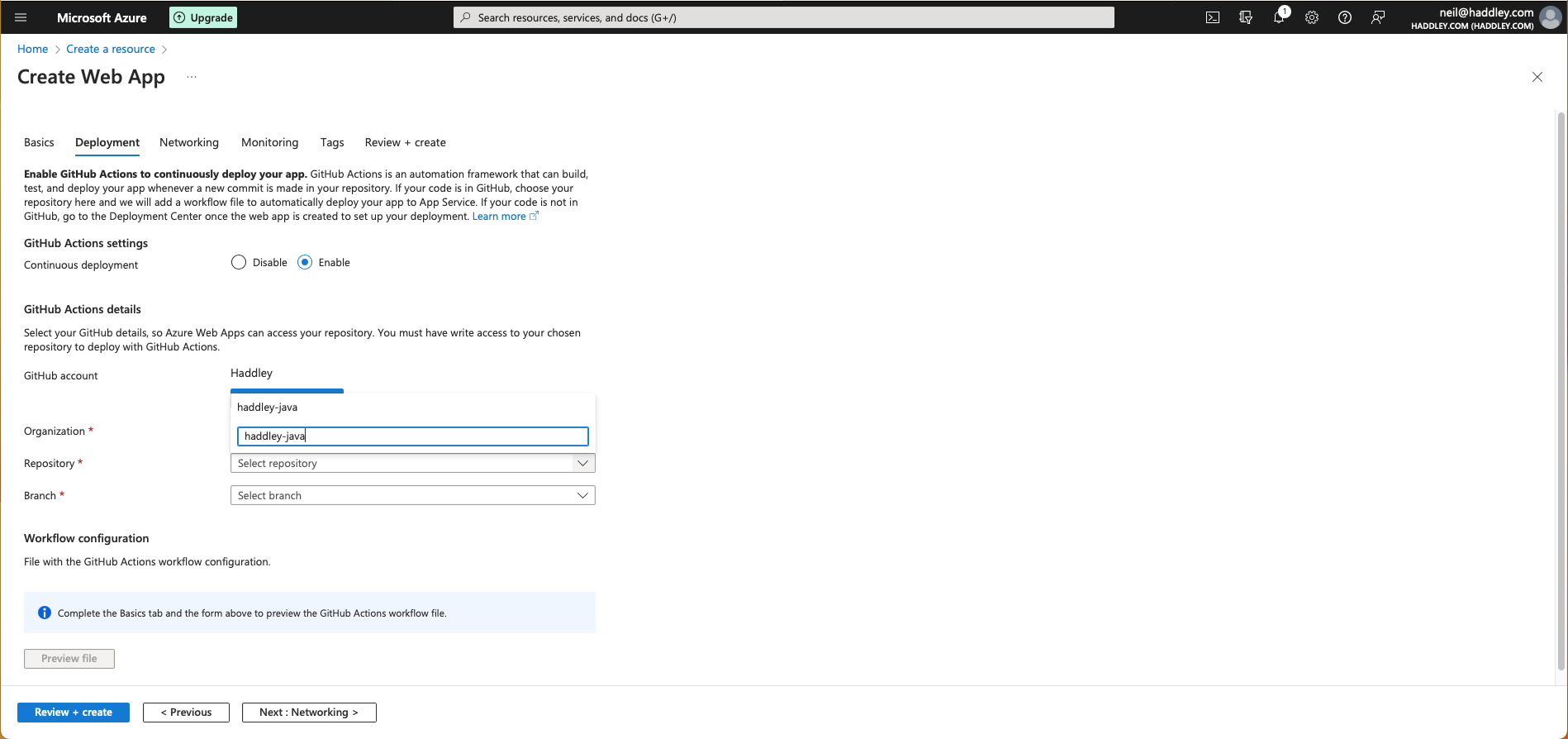 I selected organization Haddley. I selected the haddley-java repository