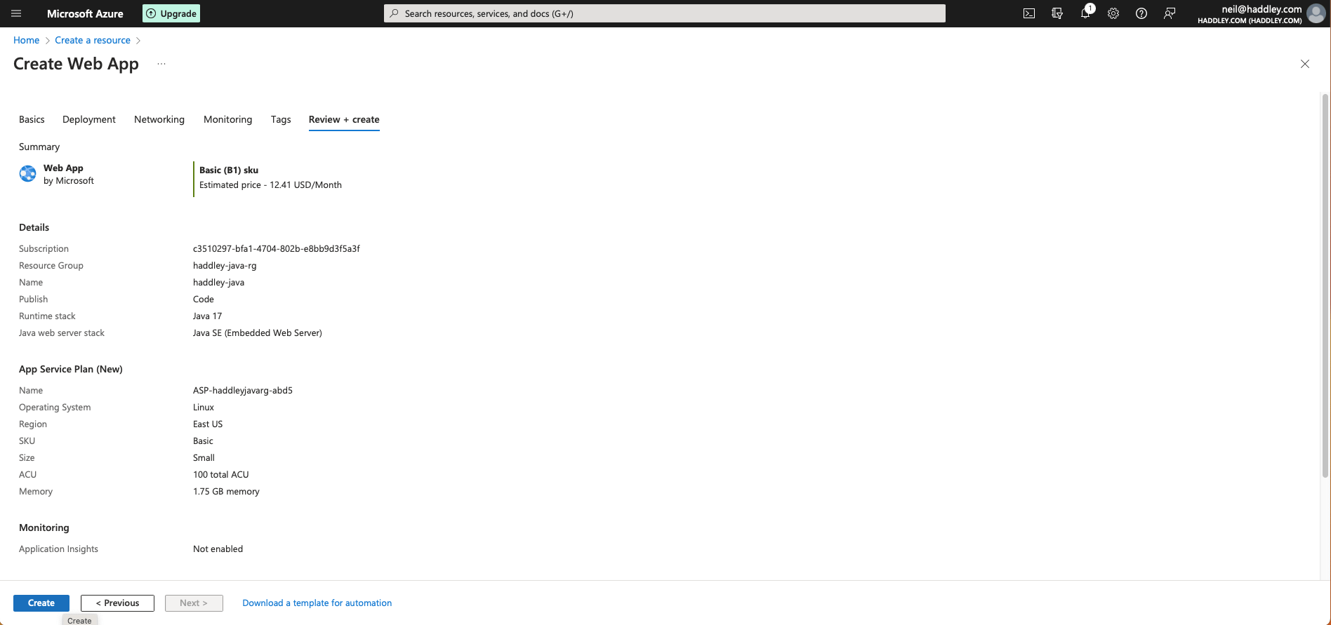 I clicked the Create button