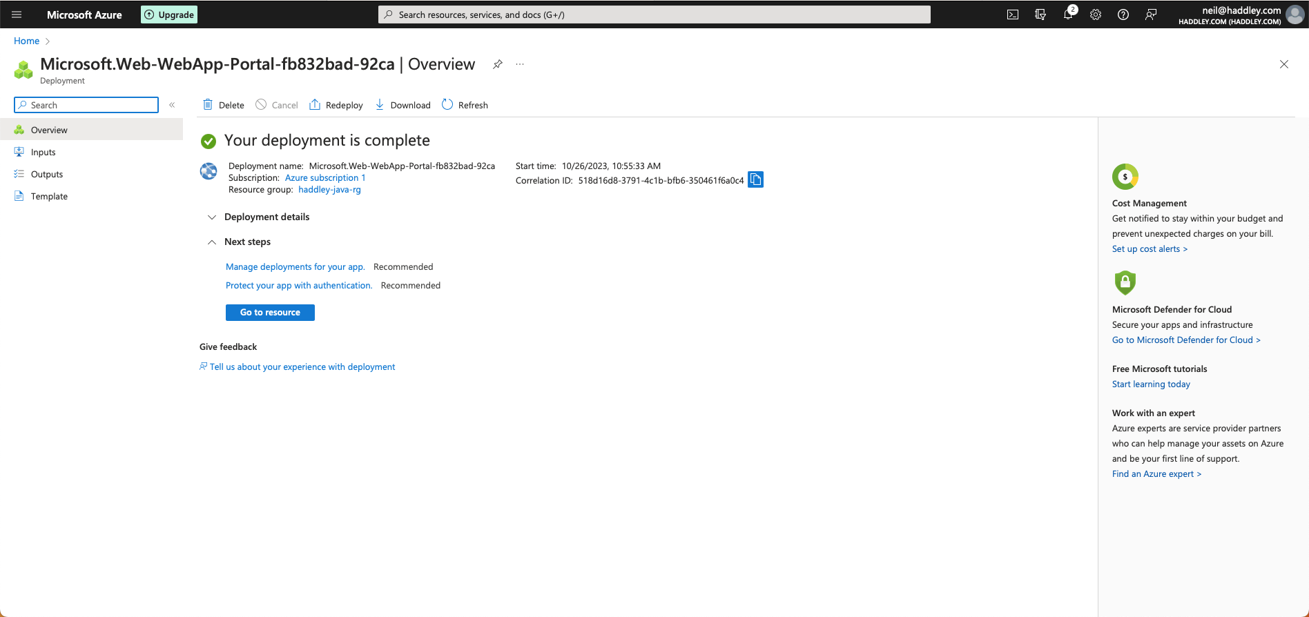 When deployment was complete I clicked the Go to resource button