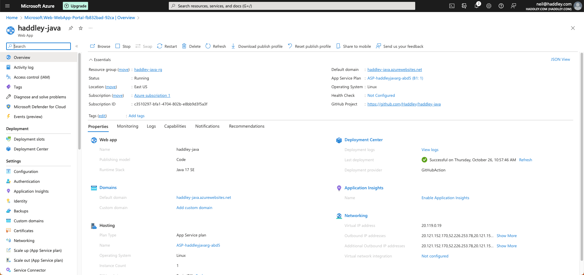 I reviewed the Web App overview and clicked on the https://haddley-java.azurewebsites.net link