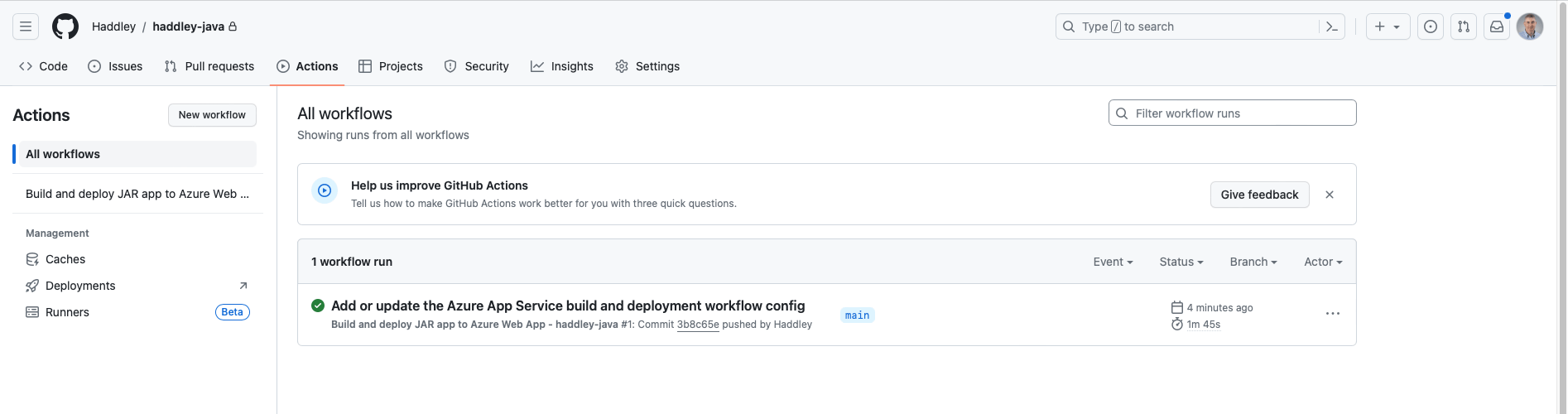 I returned to the GitHub repository and reviewed the GitHub Actions workflow history