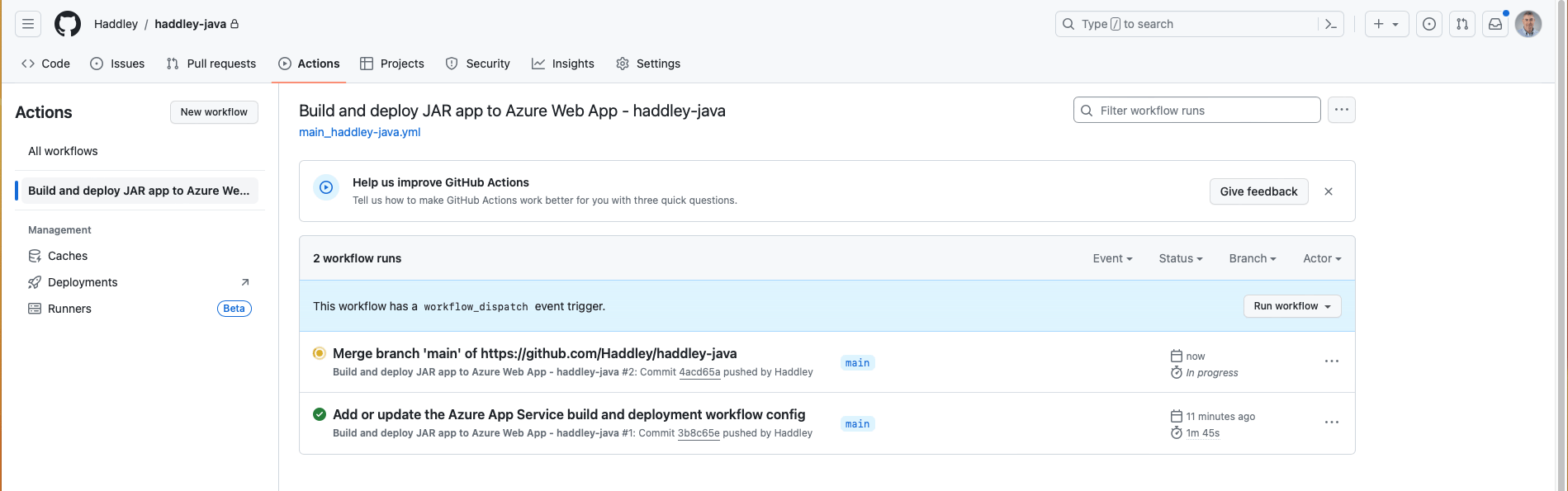 I returned to GitHub and saw that the Merge branch workflow had started