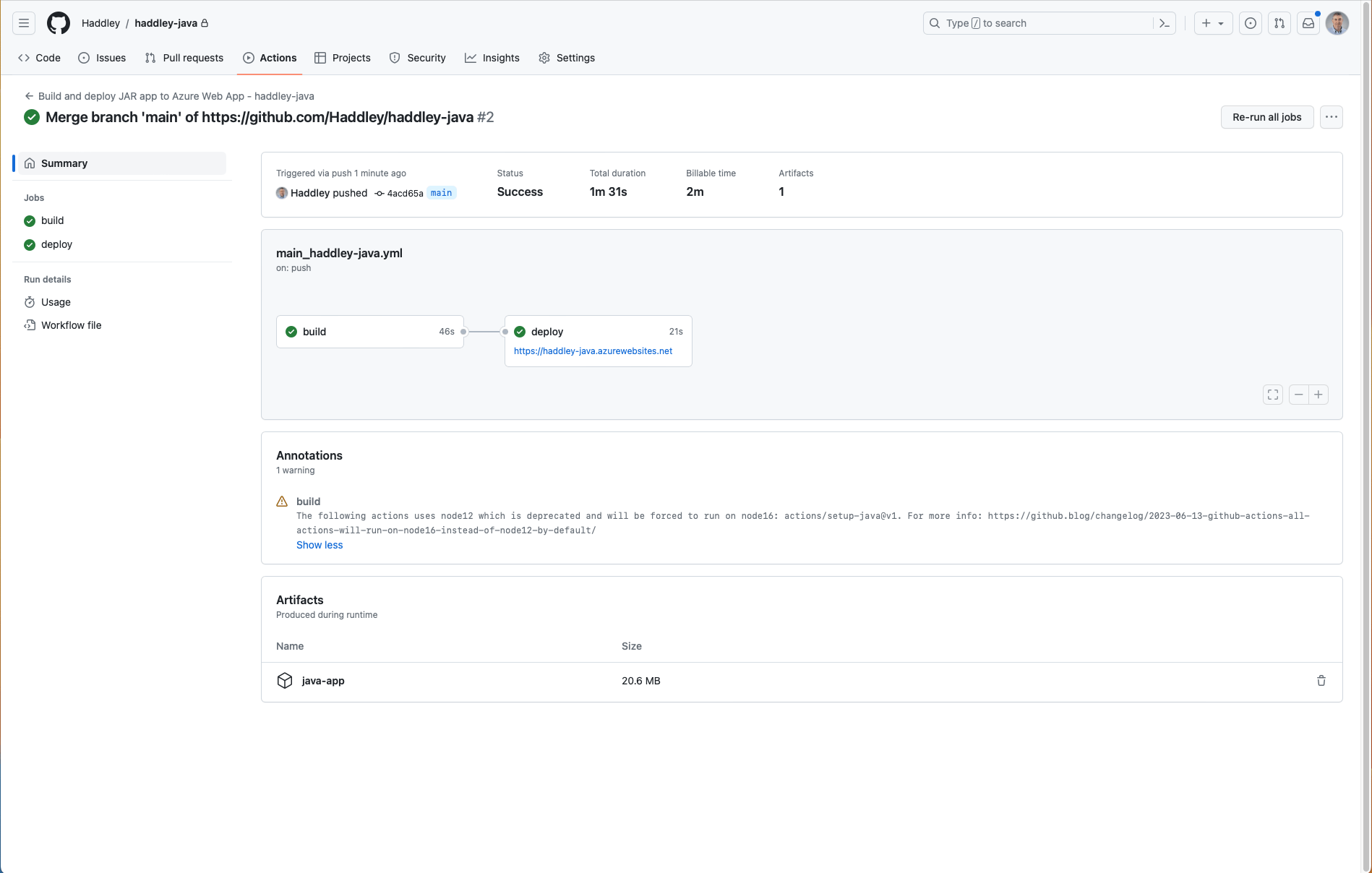The Merge branch workflow completed with no errors